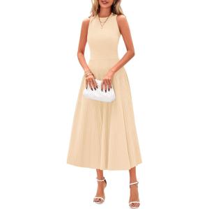 PRETTYGARDEN Spring Casual Dresses for Women 2026 Summer Business Work Midi Sleeveless A Line Pleated Cocktail Dress(Apricot)