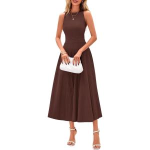 PRETTYGARDEN Spring Casual Dresses for Women 2026 Summer Business Work Midi Sleeveless A Line Pleated Cocktail Dress(Brown)