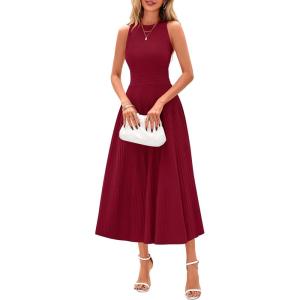 PRETTYGARDEN Spring Casual Dresses for Women 2026 Summer Business Work Midi Sleeveless A Line Pleated Cocktail Dress(Burgundy)