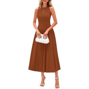PRETTYGARDEN Spring Casual Dresses for Women 2026 Summer Business Work Midi Sleeveless A Line Pleated Cocktail Dress(Caramel)