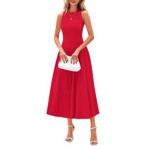 PRETTYGARDEN Spring Casual Dresses for Women 2026 Summer Business Work Midi Sleeveless A Line Pleated Cocktail Dress(Red)