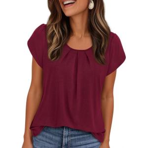 PRETTYGARDEN Summer Tops for Women 2026 Short Sleeve Crew Neck Pleated T Shirts Dressy Casual Blouses Spring Fashion Clothes(Burgundy)