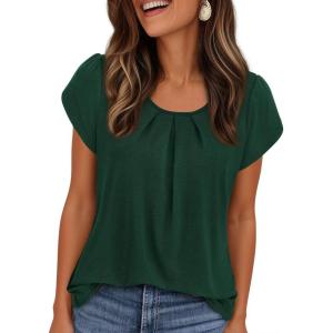 PRETTYGARDEN Summer Tops for Women 2026 Short Sleeve Crew Neck Pleated T Shirts Dressy Casual Blouses Spring Fashion Clothes(Dark Green)