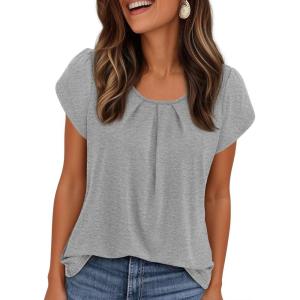 PRETTYGARDEN Summer Tops for Women 2026 Short Sleeve Crew Neck Pleated T Shirts Dressy Casual Blouses Spring Fashion Clothes(Grey)