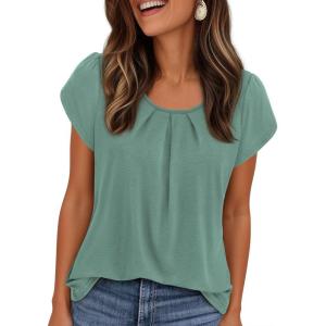PRETTYGARDEN Summer Tops for Women 2026 Short Sleeve Crew Neck Pleated T Shirts Dressy Casual Blouses Spring Fashion Clothes(Sage Green)