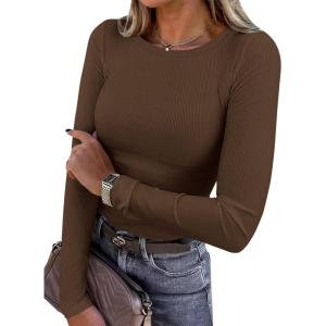 PRETTYGARDEN Women 2026 Fall Clothes Long Sleeve Shirts Ribbed Knit Fitted Basic Tee Going Out Tops Underscrub Casual Outfits(Brown)