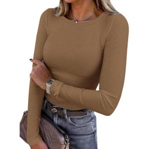 PRETTYGARDEN Women 2026 Fall Clothes Long Sleeve Shirts Ribbed Knit Fitted Basic Tee Going Out Tops Underscrub Casual Outfits(Dark Khaki)