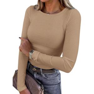 PRETTYGARDEN Women 2026 Fall Clothes Long Sleeve Shirts Ribbed Knit Fitted Basic Tee Going Out Tops Underscrub Casual Outfits(Khaki)