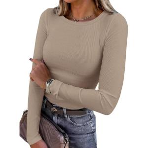 PRETTYGARDEN Women 2026 Fall Clothes Long Sleeve Shirts Ribbed Knit Fitted Basic Tee Going Out Tops Underscrub Casual Outfits(Light Khaki)