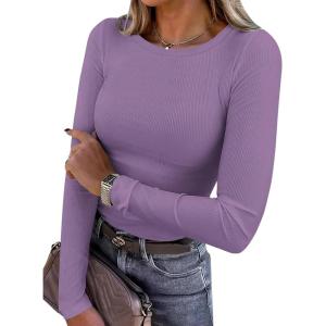 PRETTYGARDEN Women 2026 Fall Clothes Long Sleeve Shirts Ribbed Knit Fitted Basic Tee Going Out Tops Underscrub Casual Outfits(Purple)