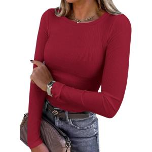PRETTYGARDEN Women 2026 Fall Clothes Long Sleeve Shirts Ribbed Knit Fitted Basic Tee Going Out Tops Underscrub Casual Outfits(Red)