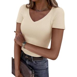 PRETTYGARDEN Women 2026 Spring Tops Trendy Ribbed Short Sleeve V Neck Fitted Basic Tee Shirts Casual Going Out Summer Outfits(Beige)