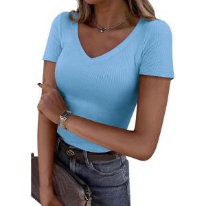 PRETTYGARDEN Women 2026 Spring Tops Trendy Ribbed Short Sleeve V Neck Fitted Basic Tee Shirts Casual Going Out Summer Outfits(Light Blue)