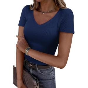 PRETTYGARDEN Women 2026 Spring Tops Trendy Ribbed Short Sleeve V Neck Fitted Basic Tee Shirts Casual Going Out Summer Outfits(Navy Blue)
