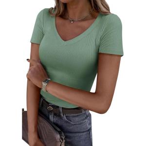 PRETTYGARDEN Women 2026 Spring Tops Trendy Ribbed Short Sleeve V Neck Fitted Basic Tee Shirts Casual Going Out Summer Outfits(Sage Green)