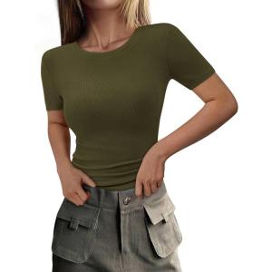 PRETTYGARDEN Women 2026 Summer Crew Neck Short Sleeve Tops Ribbed Knit Slim Fit Fashion Basic Tee Shirts Casual Going Out Top(Army Green)