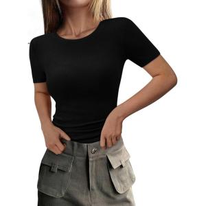 PRETTYGARDEN Women 2026 Summer Crew Neck Short Sleeve Tops Ribbed Knit Slim Fit Fashion Basic Tee Shirts Casual Going Out Top(Black)