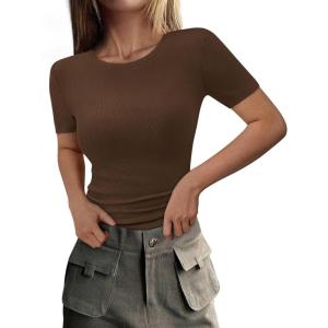 PRETTYGARDEN Women 2026 Summer Crew Neck Short Sleeve Tops Ribbed Knit Slim Fit Fashion Basic Tee Shirts Casual Going Out Top(Coffee)