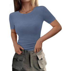 PRETTYGARDEN Women 2026 Summer Crew Neck Short Sleeve Tops Ribbed Knit Slim Fit Fashion Basic Tee Shirts Casual Going Out Top(Grey Blue)