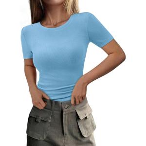 PRETTYGARDEN Women 2026 Summer Crew Neck Short Sleeve Tops Ribbed Knit Slim Fit Fashion Basic Tee Shirts Casual Going Out Top(Light Blue)