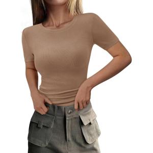 PRETTYGARDEN Women 2026 Summer Crew Neck Short Sleeve Tops Ribbed Knit Slim Fit Fashion Basic Tee Shirts Casual Going Out Top(Light Khaki)