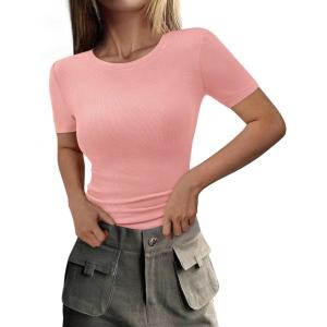 PRETTYGARDEN Women 2026 Summer Crew Neck Short Sleeve Tops Ribbed Knit Slim Fit Fashion Basic Tee Shirts Casual Going Out Top(Pink)