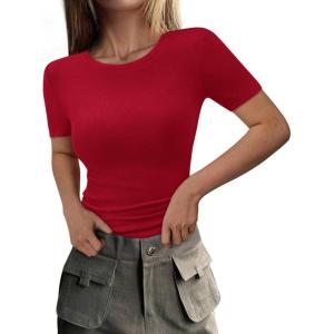 PRETTYGARDEN Women 2026 Summer Crew Neck Short Sleeve Tops Ribbed Knit Slim Fit Fashion Basic Tee Shirts Casual Going Out Top(Red)