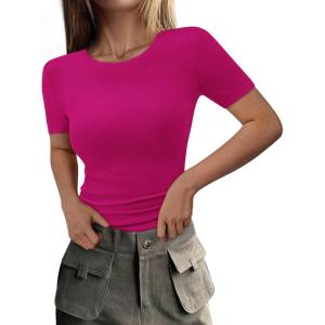 PRETTYGARDEN Women 2026 Summer Crew Neck Short Sleeve Tops Ribbed Knit Slim Fit Fashion Basic Tee Shirts Casual Going Out Top(Rose Red)