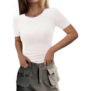 PRETTYGARDEN Women 2026 Summer Crew Neck Short Sleeve Tops Ribbed Knit Slim Fit Fashion Basic Tee Shirts Casual Going Out Top(White)