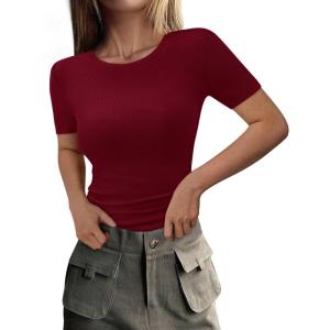 PRETTYGARDEN Women 2026 Summer Crew Neck Short Sleeve Tops Ribbed Knit Slim Fit Fashion Basic Tee Shirts Casual Going Out Top(Wine Red)