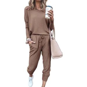 PRETTYGARDEN Women Fall 2 Piece Lounge Outfit Long Sleeve Tops High Waisted Jogger Pants Set Spring Travel Clothes Tracksuit(Dark Khaki)
