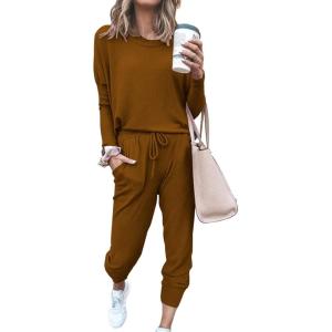 PRETTYGARDEN Women Fall 2 Piece Lounge Outfit Long Sleeve Tops High Waisted Jogger Pants Set Spring Travel Clothes Tracksuit(Light Brown)