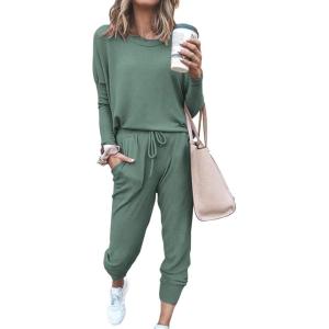 PRETTYGARDEN Women Fall 2 Piece Lounge Outfit Long Sleeve Tops High Waisted Jogger Pants Set Spring Travel Clothes Tracksuit(Light Green)