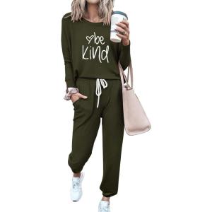 PRETTYGARDEN Women Fall 2 Piece Lounge Outfit Long Sleeve Tops High Waisted Jogger Pants Set Spring Travel Clothes Tracksuit(Patterned-army Green)