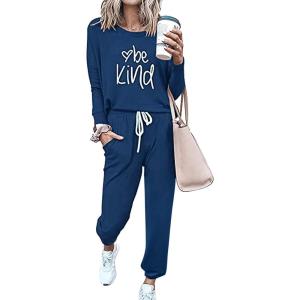 PRETTYGARDEN Women Fall 2 Piece Lounge Outfit Long Sleeve Tops High Waisted Jogger Pants Set Spring Travel Clothes Tracksuit(Patterned-dark Blue)
