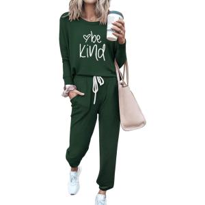 PRETTYGARDEN Women Fall 2 Piece Lounge Outfit Long Sleeve Tops High Waisted Jogger Pants Set Spring Travel Clothes Tracksuit(Patterned-dark Green)