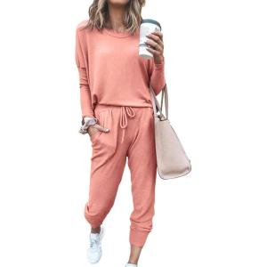 PRETTYGARDEN Women Fall 2 Piece Lounge Outfit Long Sleeve Tops High Waisted Jogger Pants Set Spring Travel Clothes Tracksuit(Pink)
