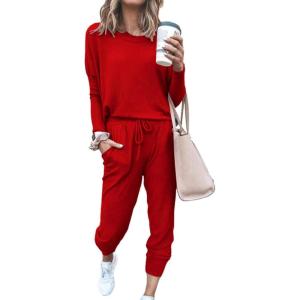 PRETTYGARDEN Women Fall 2 Piece Lounge Outfit Long Sleeve Tops High Waisted Jogger Pants Set Spring Travel Clothes Tracksuit(Red)