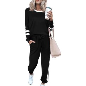PRETTYGARDEN Women Fall 2 Piece Lounge Outfit Long Sleeve Tops High Waisted Jogger Pants Set Spring Travel Clothes Tracksuit(Striped Black)