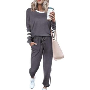 PRETTYGARDEN Women Fall 2 Piece Lounge Outfit Long Sleeve Tops High Waisted Jogger Pants Set Spring Travel Clothes Tracksuit(Striped Dark Grey)
