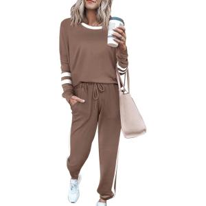 PRETTYGARDEN Women Fall 2 Piece Lounge Outfit Long Sleeve Tops High Waisted Jogger Pants Set Spring Travel Clothes Tracksuit(Striped Dark Khaki)