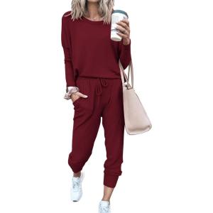 PRETTYGARDEN Women Fall 2 Piece Lounge Outfit Long Sleeve Tops High Waisted Jogger Pants Set Spring Travel Clothes Tracksuit(Wine Red)