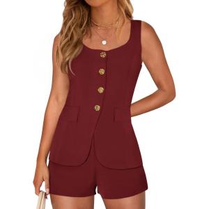 PRETTYGARDEN Womens 2 Piece Matching Sets 2026 Fashion Button Down Suit Vest Tops Shorts Set Spring Business Casual Outfits(Wine Red)