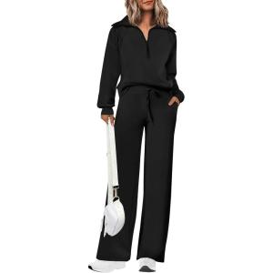 PRETTYGARDEN Women’s 2 Piece Outfits Casual Lapel Half Zip Sweatshirts and Wide Leg Pants Tracksuit Sets(Black)