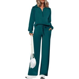 PRETTYGARDEN Women’s 2 Piece Outfits Casual Lapel Half Zip Sweatshirts and Wide Leg Pants Tracksuit Sets(Blue Green)