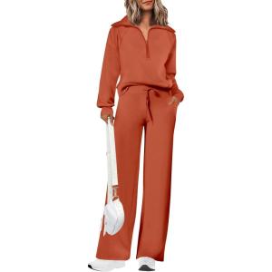 PRETTYGARDEN Women’s 2 Piece Outfits Casual Lapel Half Zip Sweatshirts and Wide Leg Pants Tracksuit Sets(Brick Red)