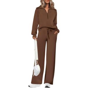 PRETTYGARDEN Women’s 2 Piece Outfits Casual Lapel Half Zip Sweatshirts and Wide Leg Pants Tracksuit Sets(Brown)