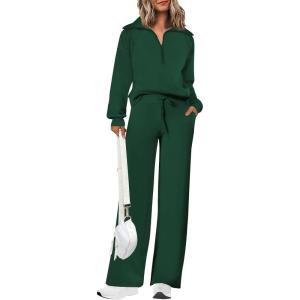 PRETTYGARDEN Women’s 2 Piece Outfits Casual Lapel Half Zip Sweatshirts and Wide Leg Pants Tracksuit Sets(Dark Green)