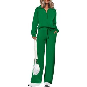 PRETTYGARDEN Women’s 2 Piece Outfits Casual Lapel Half Zip Sweatshirts and Wide Leg Pants Tracksuit Sets(Green)