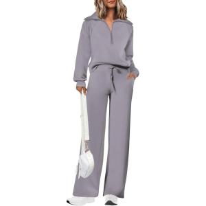 PRETTYGARDEN Women’s 2 Piece Outfits Casual Lapel Half Zip Sweatshirts and Wide Leg Pants Tracksuit Sets(Grey)